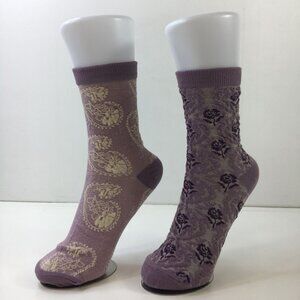 Womens Floral Crew Socks 2 Pack Rose Paisley Ribbed Cuffs Purple White